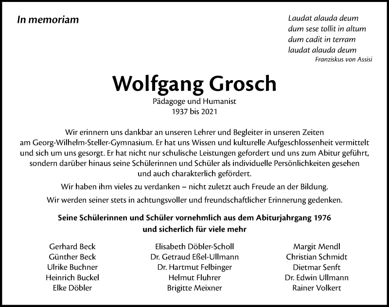  Traueranzeige für Wolfgang Grosch vom 20.02.2021 aus Windsheimer Zeitung Lokal