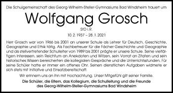 Traueranzeige von Wolfgang Grosch von Windsheimer Zeitung Lokal