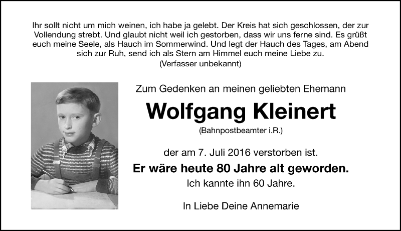  Traueranzeige für Wolfgang Kleinert vom 10.02.2021 aus Gesamtausgabe Nürnberger Nachrichten/ Nürnberger Ztg.