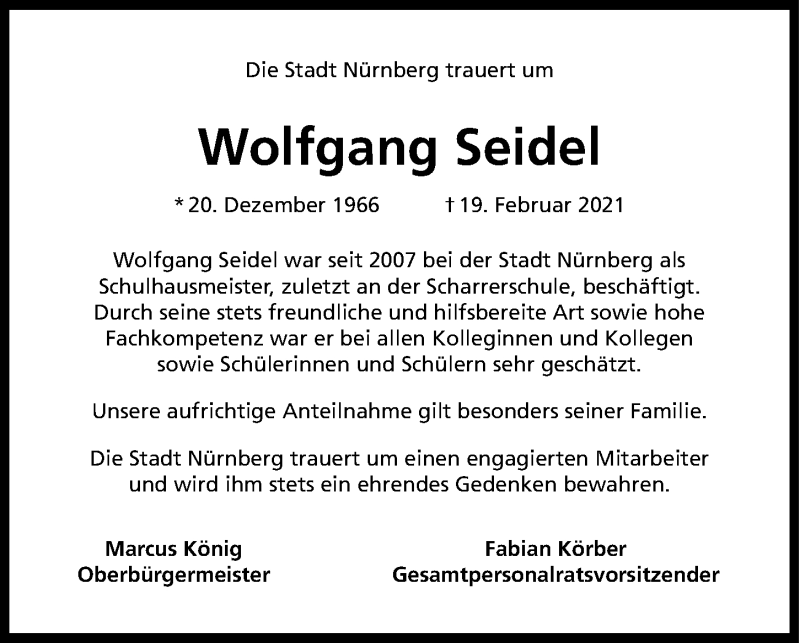  Traueranzeige für Wolfgang Seidel vom 25.02.2021 aus Gesamtausgabe Nürnberger Nachrichten/ Nürnberger Ztg.