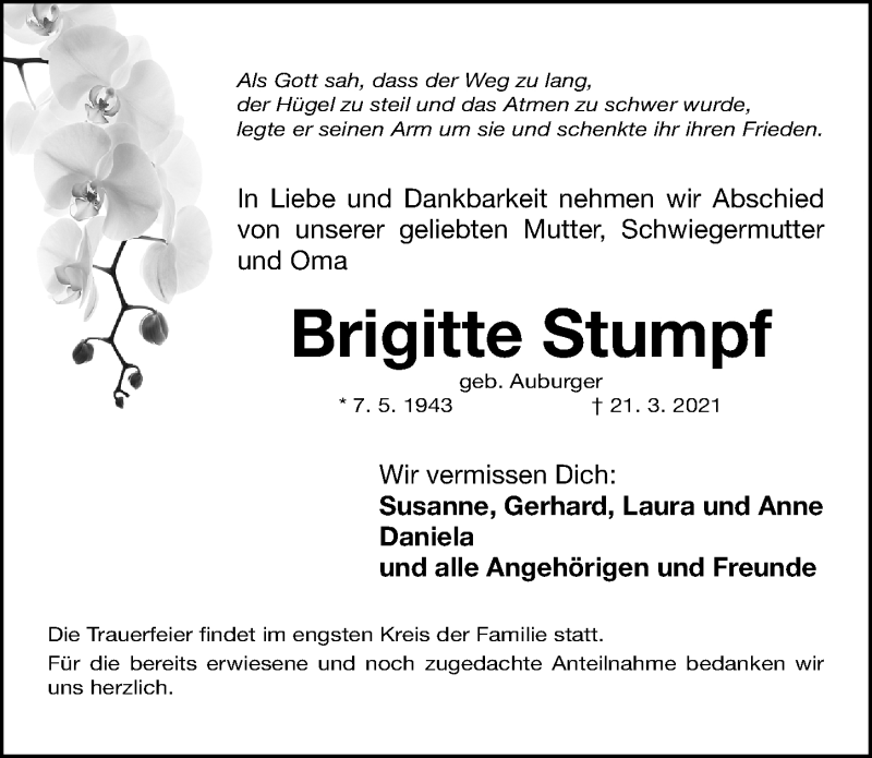  Traueranzeige für Brigitte Stumpf vom 24.03.2021 aus Gesamtausgabe Nürnberger Nachrichten/ Nürnberger Ztg.