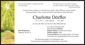 Traueranzeige von Charlotte Dörfler von Windsheimer Zeitung Lokal