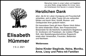 Traueranzeige von Elisabeth Hümmer von Nordbayerische Nachrichten Pegnitz Lokal