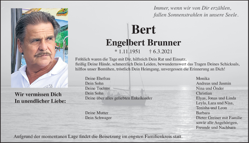  Traueranzeige für Engelbert Brunner vom 10.03.2021 aus Fürther Nachrichten Lokal