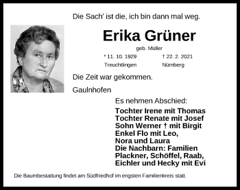 Traueranzeige von Erika Grüner von Gesamtausgabe Nürnberger Nachrichten/ Nürnberger Ztg.