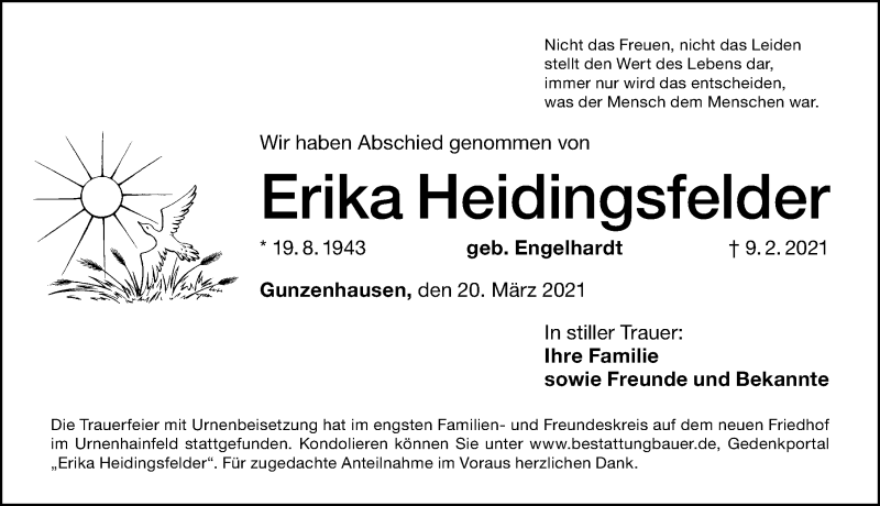  Traueranzeige für Erika Heidingsfelder vom 20.03.2021 aus Altmühl-Bote Lokal