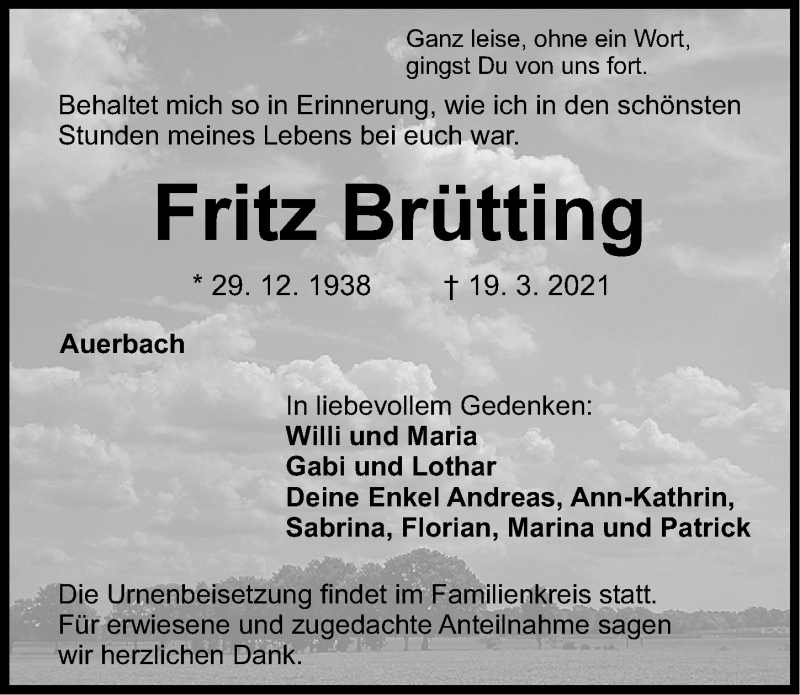  Traueranzeige für Fritz Brütting vom 27.03.2021 aus Nordbayerische Nachrichten Pegnitz Lokal