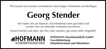 Traueranzeige von Georg Stender von Windsheimer Zeitung Lokal