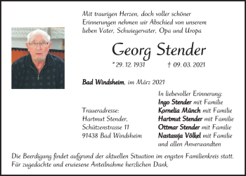 Traueranzeige von Georg Stender von Windsheimer Zeitung Lokal