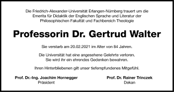 Traueranzeige von Gertrud Walter von Gesamtausgabe Nürnberger Nachrichten/ Nürnberger Ztg.