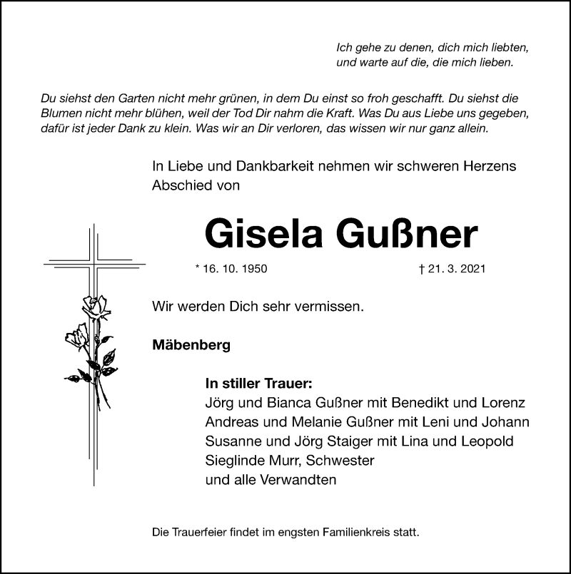  Traueranzeige für Gisela Gußner vom 23.03.2021 aus Roth-Hilpoltsteiner Volkszeitung Lokal