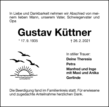 Traueranzeige von Gustav Küttner von Schwabacher Tagblatt Lokal
