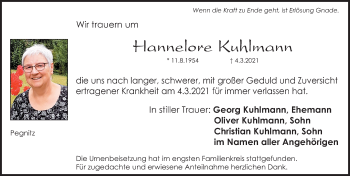 Traueranzeige von Hannelore Kuhlmann von Gesamtausgabe Nürnberger Nachrichten/ Nürnberger Ztg.