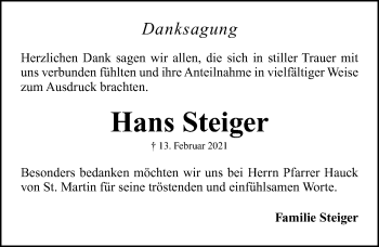 Traueranzeige von Hans Steiger von Fürther Nachrichten Lokal