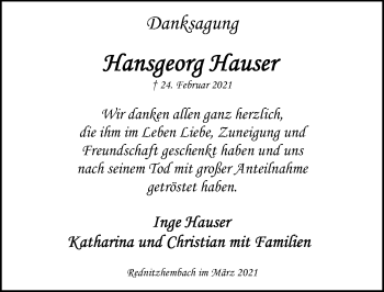 Traueranzeige von Hansgeorg Hauser von Gesamtausgabe Nürnberger Nachrichten/ Nürnberger Ztg.