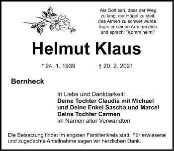 Traueranzeige von Helmut Klaus von Nordbayerische Nachrichten Pegnitz Lokal