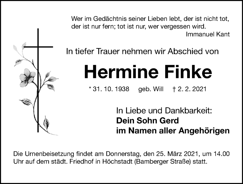  Traueranzeige für Hermine Finke vom 20.03.2021 aus Nordbayerische Nachrichten Herzogenaurach Lokal
