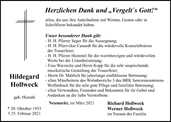 Traueranzeige von Hildegard Hollweck von Neumarkter Nachrichten Lokal