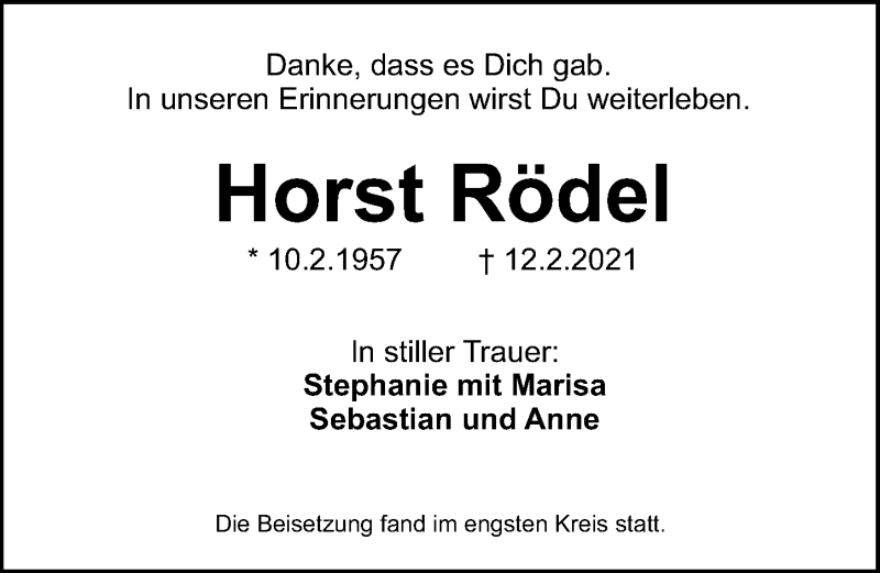  Traueranzeige für Horst Rödel vom 13.03.2021 aus Schwabacher Tagblatt Lokal