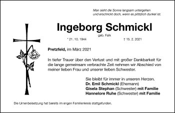 Traueranzeige von Ingeborg Schmickl von Erlanger Nachrichten Lokal