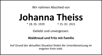 Traueranzeige von Johanna Theiss von Gesamtausgabe Nürnberger Nachrichten/ Nürnberger Ztg.
