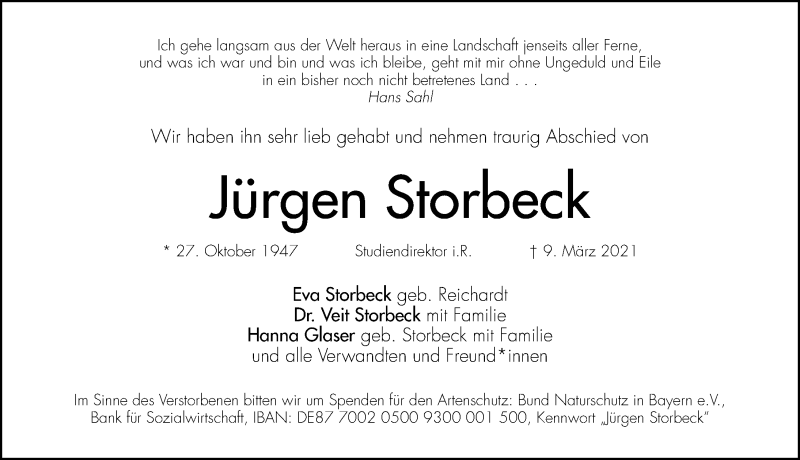  Traueranzeige für Jürgen Storbeck vom 13.03.2021 aus Gesamtausgabe Nürnberger Nachrichten/ Nürnberger Ztg.