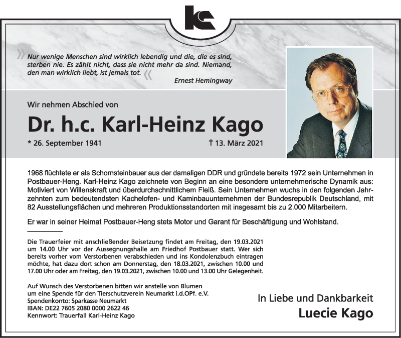  Traueranzeige für Karl-Heinz Kago vom 17.03.2021 aus Gesamtausgabe Nürnberger Nachrichten/ Nürnberger Ztg.