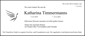 Traueranzeige von Katharina Timmermanns von Erlanger Nachrichten Lokal