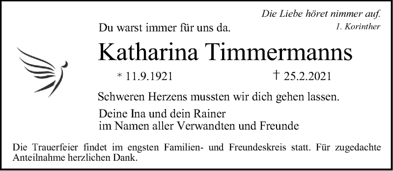  Traueranzeige für Katharina Timmermanns vom 06.03.2021 aus Gesamtausgabe Nürnberger Nachrichten/ Nürnberger Ztg.