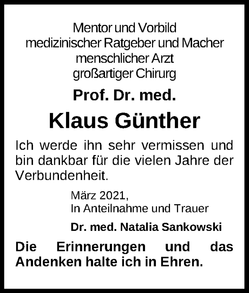  Traueranzeige für Klaus Günther vom 17.03.2021 aus Gesamtausgabe Nürnberger Nachrichten/ Nürnberger Ztg.
