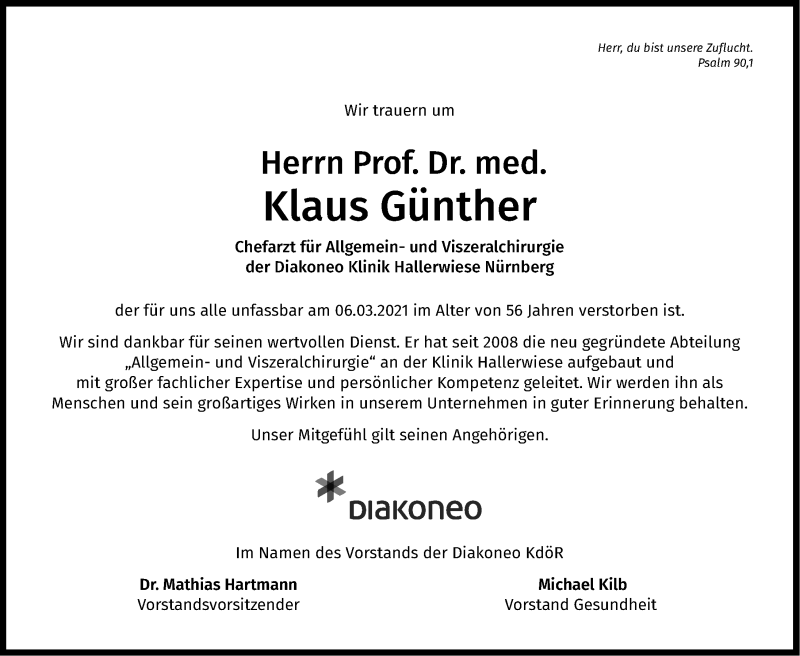  Traueranzeige für Klaus Günther vom 12.03.2021 aus Gesamtausgabe Nürnberger Nachrichten/ Nürnberger Ztg.