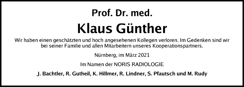  Traueranzeige für Klaus Günther vom 13.03.2021 aus Gesamtausgabe Nürnberger Nachrichten/ Nürnberger Ztg.