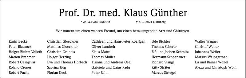  Traueranzeige für Klaus Günther vom 13.03.2021 aus Gesamtausgabe Nürnberger Nachrichten/ Nürnberger Ztg.