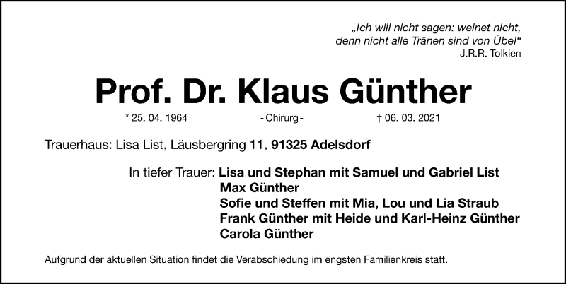  Traueranzeige für Klaus Günther vom 12.03.2021 aus Gesamtausgabe Nürnberger Nachrichten/ Nürnberger Ztg.
