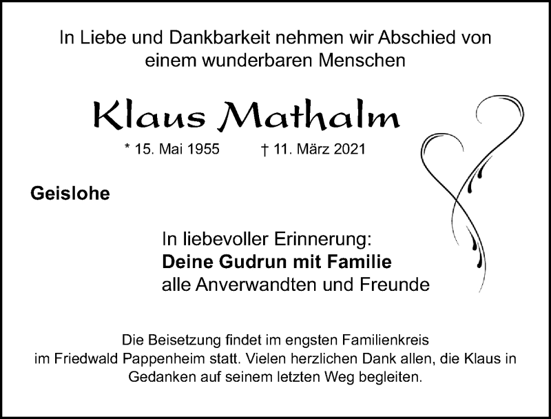  Traueranzeige für Klaus Mathalm vom 20.03.2021 aus Gesamtausgabe Nürnberger Nachrichten/ Nürnberger Ztg.