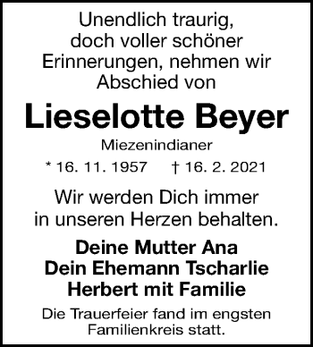 Traueranzeige von Lieselotte Beyer von Gesamtausgabe Nürnberger Nachrichten/ Nürnberger Ztg.