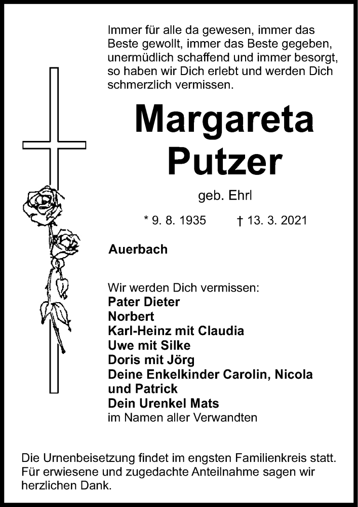  Traueranzeige für Margareta Putzer vom 20.03.2021 aus Nordbayerische Nachrichten Pegnitz Lokal