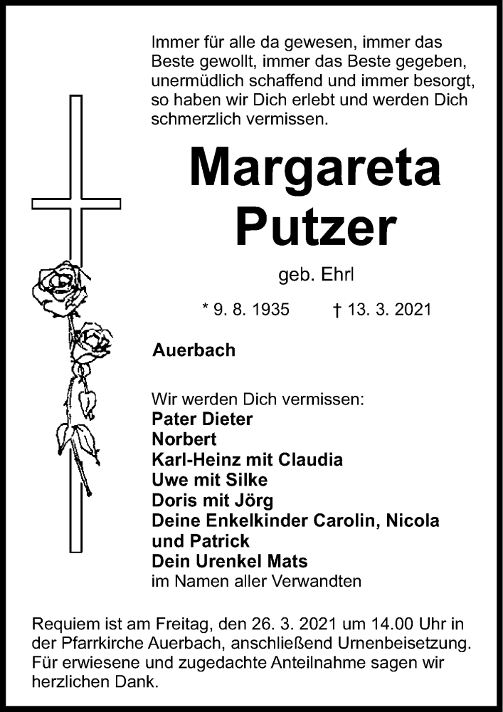  Traueranzeige für Margareta Putzer vom 22.03.2021 aus Nordbayerische Nachrichten Pegnitz Lokal