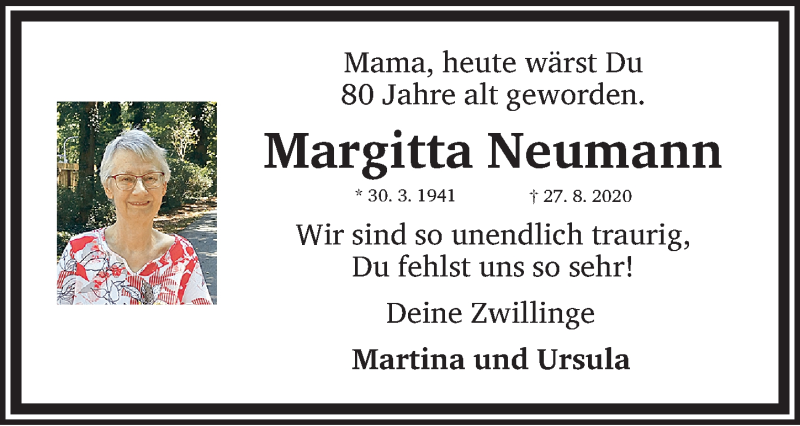  Traueranzeige für Margitta Neumann vom 30.03.2021 aus Gesamtausgabe Nürnberger Nachrichten/ Nürnberger Ztg.