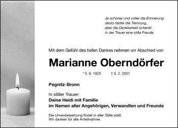 Traueranzeige von Marianne Oberndörfer von Nordbayerische Nachrichten Pegnitz Lokal