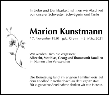 Traueranzeige von Marion Kunstmann von Fürther Nachrichten Lokal