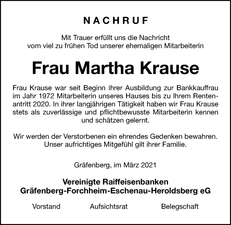  Traueranzeige für Martha Krause vom 18.03.2021 aus Erlanger Nachrichten Lokal