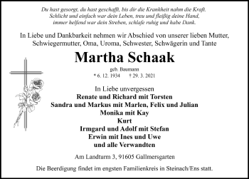 Traueranzeige von Martha Schaak von Windsheimer Zeitung Lokal