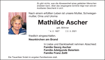 Traueranzeige von Mathilde Ascher von Erlanger Nachrichten/ Nordbayer. Nachrichten Forchheim