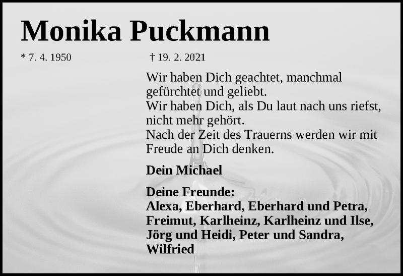  Traueranzeige für Monika Puckmann vom 06.03.2021 aus Gesamtausgabe Nürnberger Nachrichten/ Nürnberger Ztg.