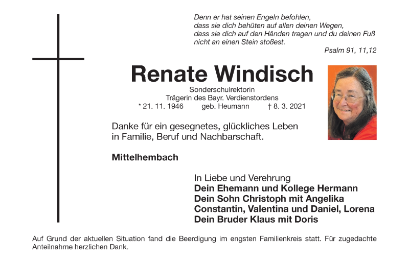  Traueranzeige für Renate Windisch vom 13.03.2021 aus Gesamtausgabe Nürnberger Nachrichten/ Nürnberger Ztg.