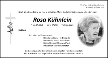 Traueranzeige von Rosa Kühnlein von Roth-Hilpoltsteiner Volkszeitung Lokal