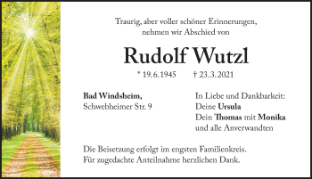 Traueranzeige von Rudolf Wutzl von Windsheimer Zeitung Lokal