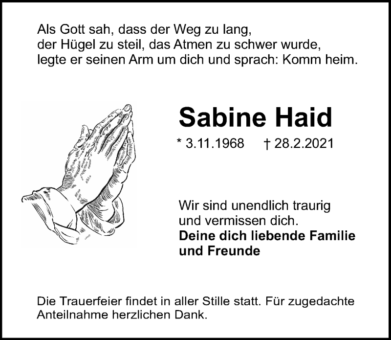 Traueranzeige für Sabine Haid vom 06.03.2021 aus Gesamtausgabe Nürnberger Nachrichten/ Nürnberger Ztg.