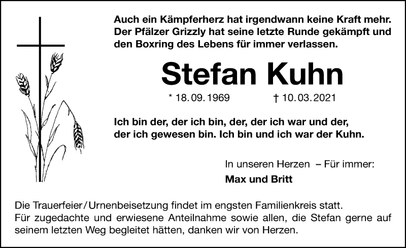  Traueranzeige für Stefan Kuhn vom 13.03.2021 aus Weißenburger Tagblatt u.Treuchtlinger Kurier Lokal